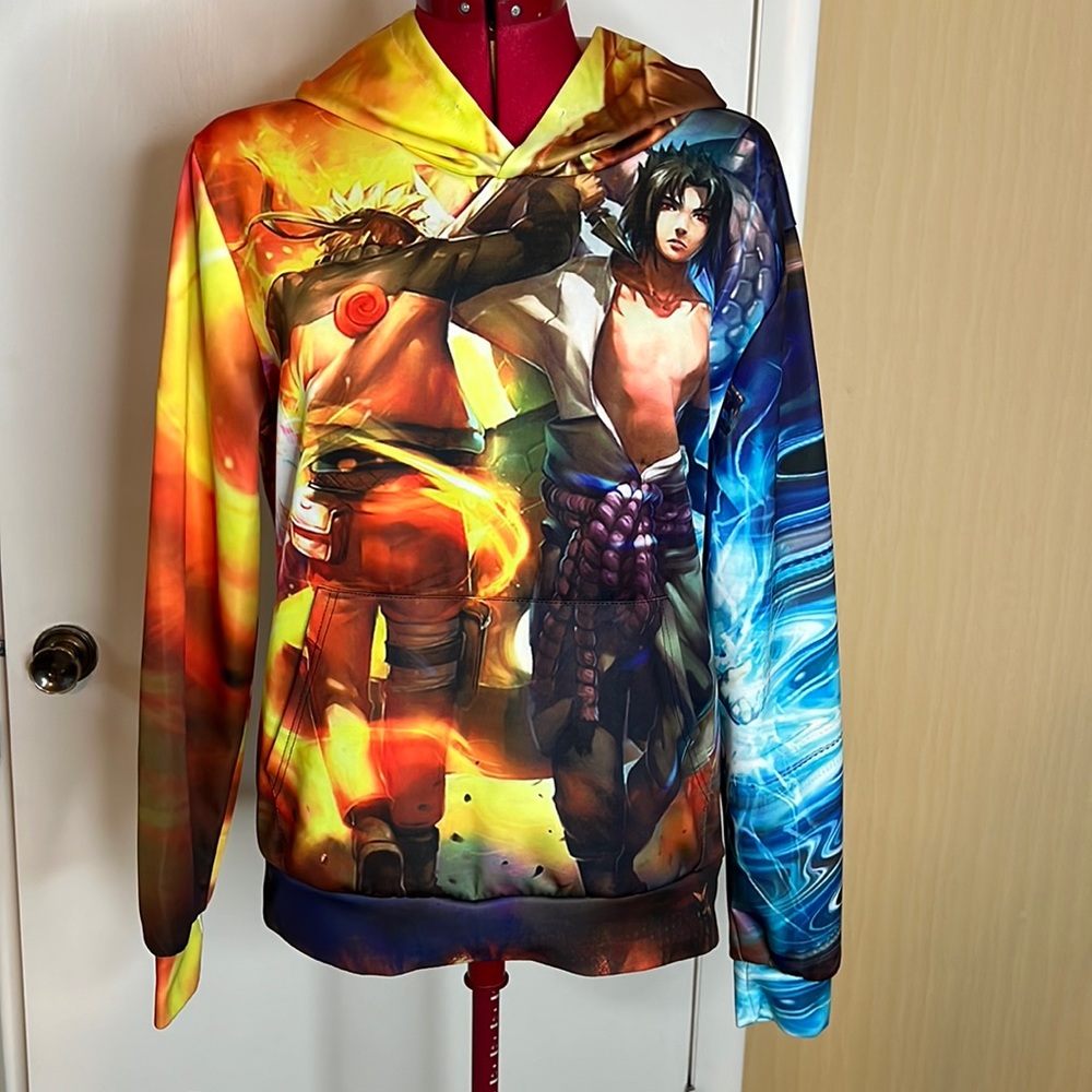 NARUTO SHIPPUDEN LINED HOODIE JACKET: FIRE & ICE BATTLE OF CHARACTERS SZ S